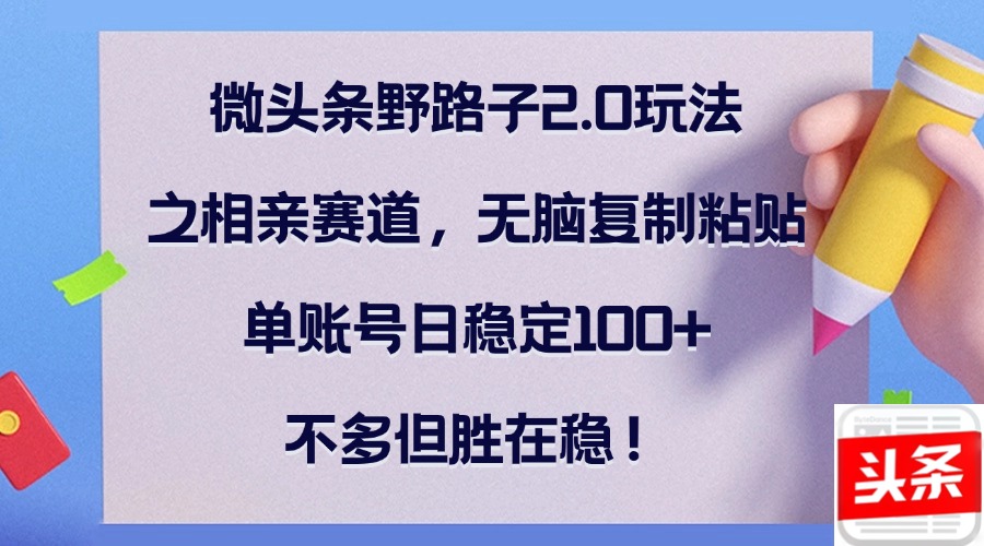 微头条野路子2.0玩法之相亲赛道，无脑复制粘贴，单账号日稳定100+，不…-闲赋网