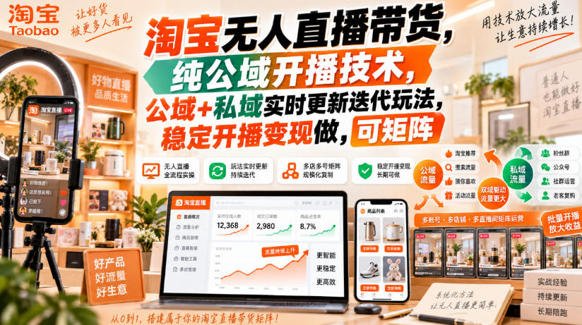 ef0689133114beebe4dc297a4c847258.jpeg 淘宝无人直播带货,纯公域开播技术,公域+私域实时更新迭代玩法,稳定开播变现做,可矩阵【揭秘】