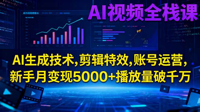 AI视频全栈课:AI生成技术,剪辑特效,账号运营,新手月变现5000+播放量破千万-闲赋网