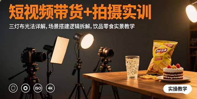 短视频带货+拍摄实训：三灯布光法详解,场景搭建逻辑拆解,饮品零食实景教学-闲赋网