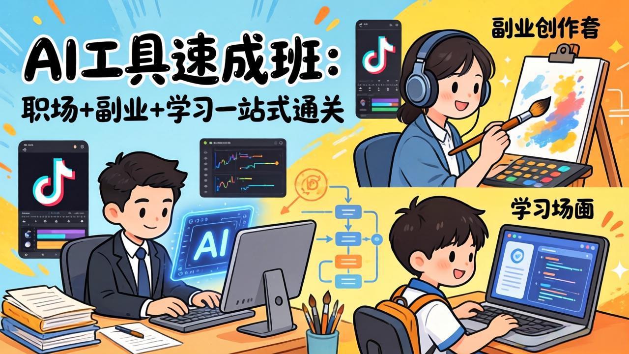 AI工具速成班：职场+副业+学习一站式通关，20+爆款类型+剪映技巧+抖音算法，0基础快速上手-闲赋网