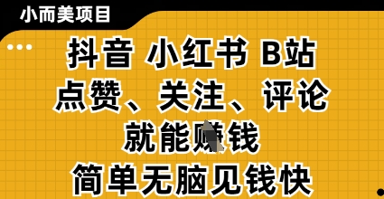 小而美的项目，抖音小红书B站视频点赞、关注、评论就能挣钱，简单无脑立见收益，妥妥的零撸项目【揭秘】-闲赋网