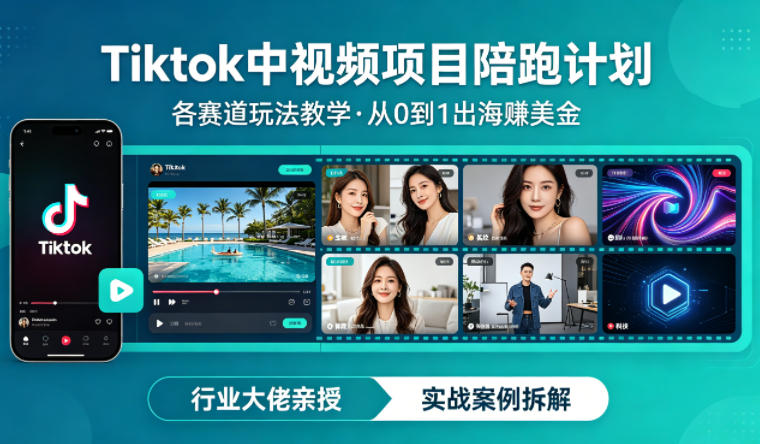 某大佬的Tiktok中视频项目陪跑，涵盖TK各个赛道玩法教学，从0到1出海賺美金-闲赋网