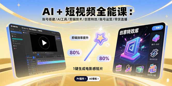 AI+短视频全能课：账号搭建/AI工具/剪辑技术/创意特效/账号运营/带货直播-闲赋网