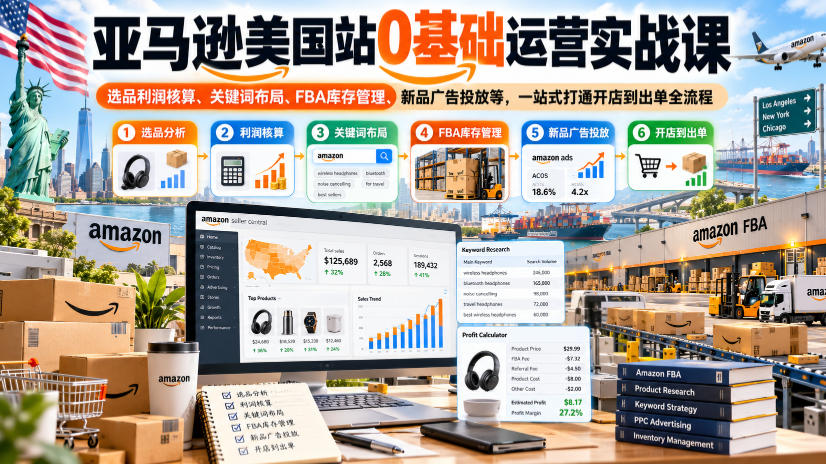 f6c54880f5d8e4e682faaf105eb0cd72.jpeg 亚马逊美国站0基础运营实战课|选品利润核算、关键词布局、FBA库存管理、新品广告投放等,一站式打通开店到出单全流程