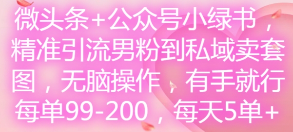 微头条+公众号小绿书，精准引流男粉到私域卖套图，无脑操作，有手就行，每单99-200，每天5单-闲赋网