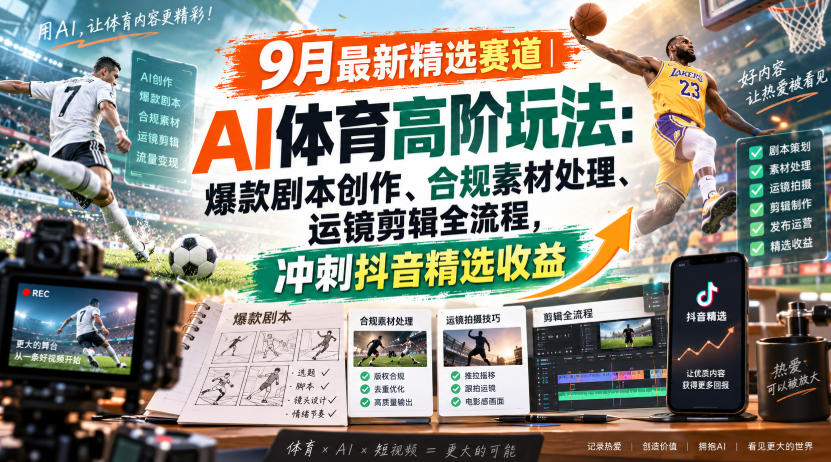 某大佬的9月最新精选赛道之AI体育顶级玩法，爆款剧本创作、版权规避、运镜剪辑全流程，稳拿抖音精选收益-闲赋网