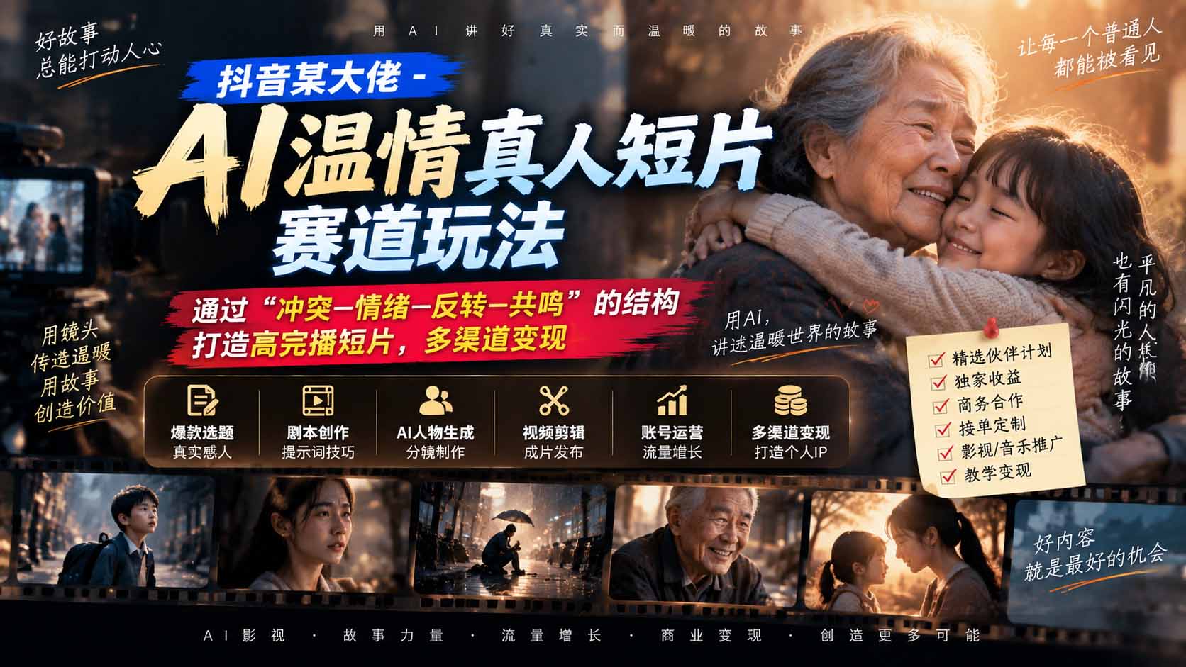 抖音某大佬-AI温情真人短片赛道玩法：通过“冲突—情绪—反转—共鸣”的结构打造高完播短片，多渠道变现-闲赋网