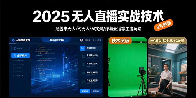 2025无人直播实战技术-8月，涵盖半无人/纯无人/AI实景/绿幕录播等主流玩法-闲赋网