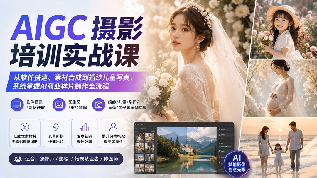 AIGC摄影培训实战课：从软件搭建、素材合成到婚纱儿童写真，系统掌握AI商业样片制作全流程-闲赋网