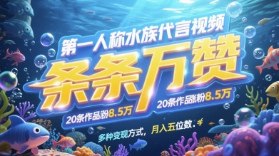 第一人称水族代言视频，条条万赞，20条作品涨粉7.8W，多种变现方式月入五位数-闲赋网